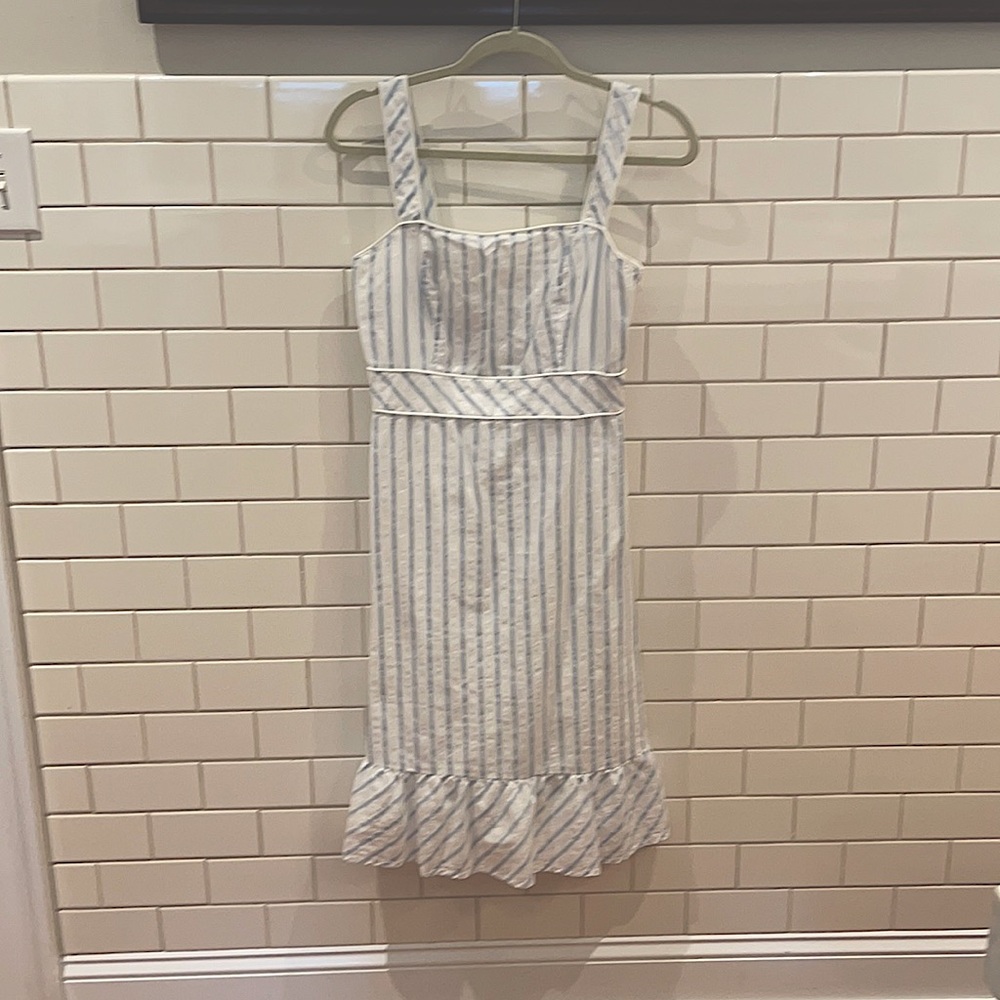 White cotton dress with light blue stripes